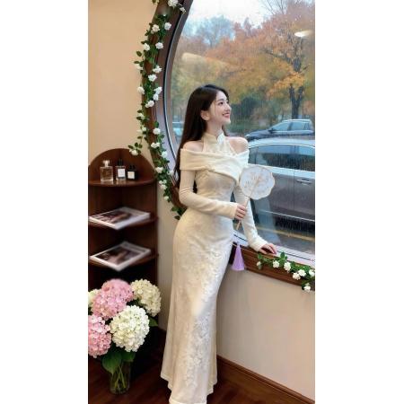新中式气质改良旗袍连衣裙女装春秋新款时尚露肩收腰针织长裙 服裝批發女裝批發服飾貨源
