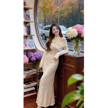 新中式气质改良旗袍连衣裙女装春秋新款时尚露肩收腰针织长裙 服裝批發女裝批發服飾貨源