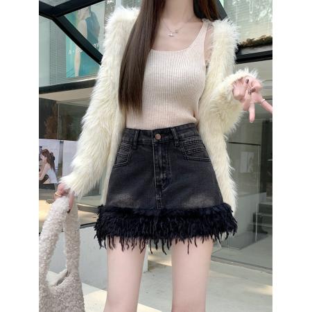 FA45177# 新款高腰牛仔半身裙女设计感防走光a字毛毛包臀短裙子 服裝批發女裝批發服飾貨源