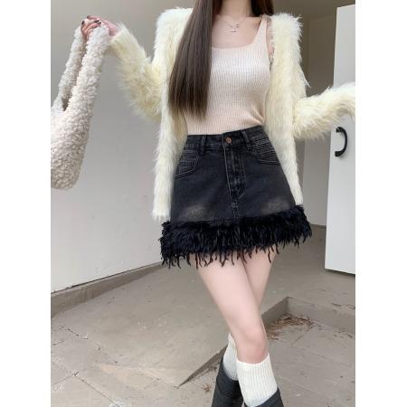 FA45177# 新款高腰牛仔半身裙女设计感防走光a字毛毛包臀短裙子 服裝批發女裝批發服飾貨源