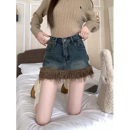 FA45177# 新款高腰牛仔半身裙女设计感防走光a字毛毛包臀短裙子 服裝批發女裝批發服飾貨源