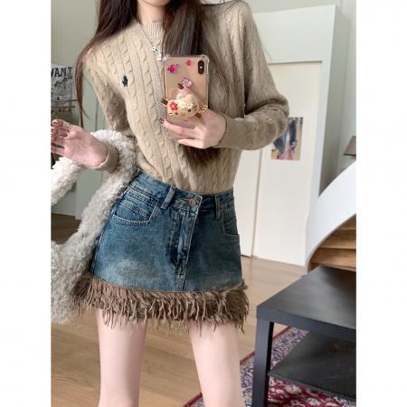 FA45177# 新款高腰牛仔半身裙女设计感防走光a字毛毛包臀短裙子 服裝批發女裝批發服飾貨源