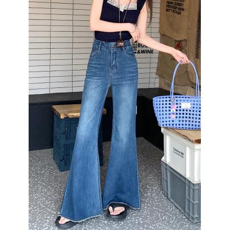 FA45178# 高腰直筒微喇叭牛仔长裤女设计感脚口须边拖地阔脚裤子 服裝批發女裝批發服飾貨源