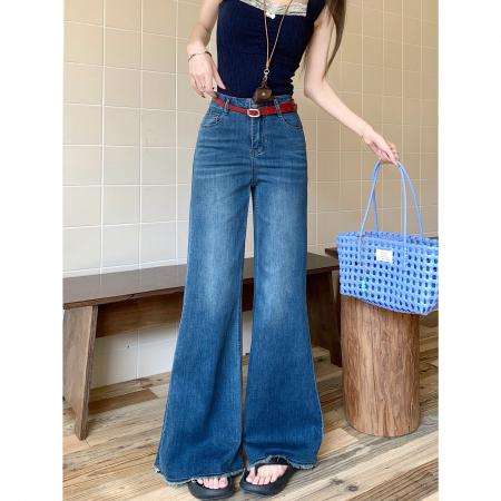 FA45178# 高腰直筒微喇叭牛仔长裤女设计感脚口须边拖地阔脚裤子 服裝批發女裝批發服飾貨源