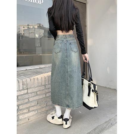 FA45181# 牛仔半身裙女早秋高腰包臀裙新款复古直筒宽松a字中长款 服裝批發女裝批發服飾貨源