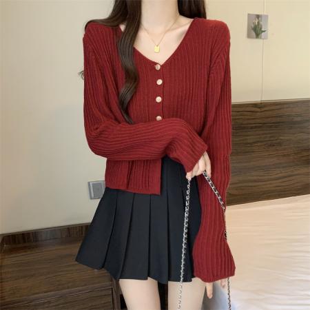 FA45183# V领纯色长袖针织衫女秋季新款簿款外搭短款设计感排扣气质毛衣潮 服裝批發女裝批發服飾貨源
