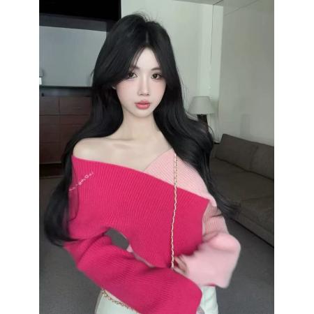 FA45206# 多巴胺粉色毛衣女秋冬一字肩短款上衣不规则针织打底衫内搭可外穿 服裝批發女裝批發服飾貨源