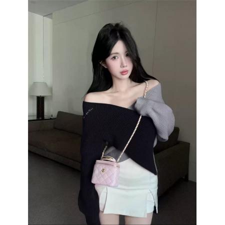 FA45206# 多巴胺粉色毛衣女秋冬一字肩短款上衣不规则针织打底衫内搭可外穿 服裝批發女裝批發服飾貨源