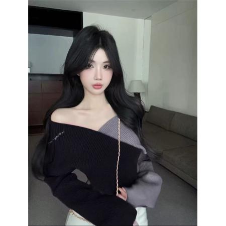 FA45206# 多巴胺粉色毛衣女秋冬一字肩短款上衣不规则针织打底衫内搭可外穿 服裝批發女裝批發服飾貨源