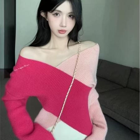 FA45206# 多巴胺粉色毛衣女秋冬一字肩短款上衣不规则针织打底衫内搭可外穿 服裝批發女裝批發服飾貨源