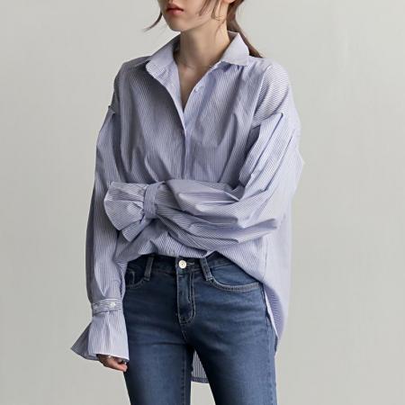 FA45208# 韩版百搭条纹灯笼袖衬衫女衬衣 服裝批發女裝批發服飾貨源