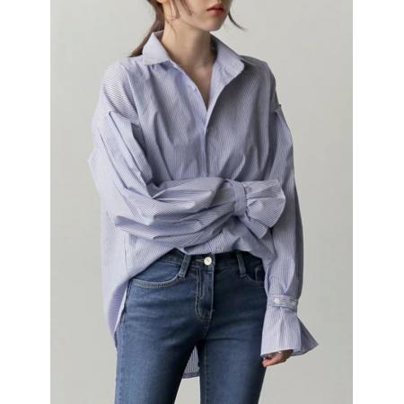 FA45208# 韩版百搭条纹灯笼袖衬衫女衬衣 服裝批發女裝批發服飾貨源