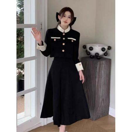 FA45209# 秋天撞色立领小香风套装裙两件套气质成熟御姐套装裙子女 服裝批發女裝批發服飾貨源