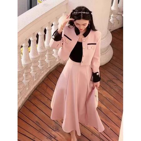FA45209# 秋天撞色立领小香风套装裙两件套气质成熟御姐套装裙子女 服裝批發女裝批發服飾貨源