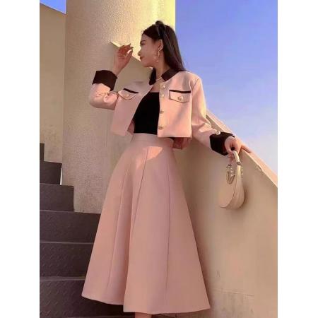 FA45209# 秋天撞色立领小香风套装裙两件套气质成熟御姐套装裙子女 服裝批發女裝批發服飾貨源