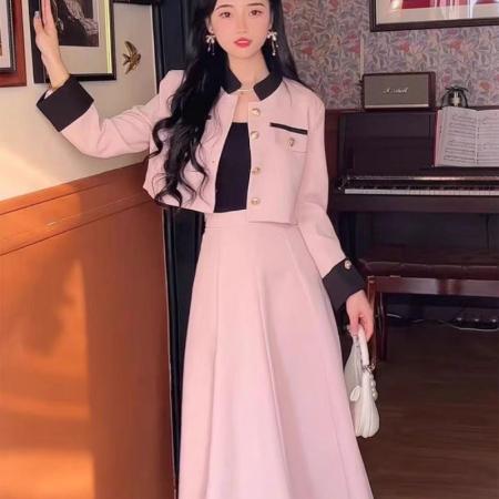 FA45209# 秋天撞色立领小香风套装裙两件套气质成熟御姐套装裙子女 服裝批發女裝批發服飾貨源