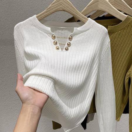 FA45211# 链条设计高级感V领针织衫女装秋冬新款长袖内搭显瘦毛衣上衣 服裝批發女裝批發服飾貨源