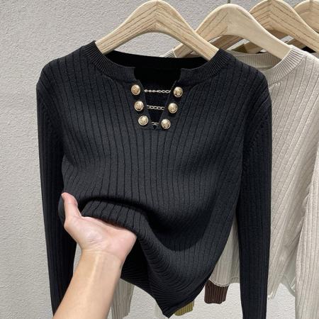 FA45211# 链条设计高级感V领针织衫女装秋冬新款长袖内搭显瘦毛衣上衣 服裝批發女裝批發服飾貨源