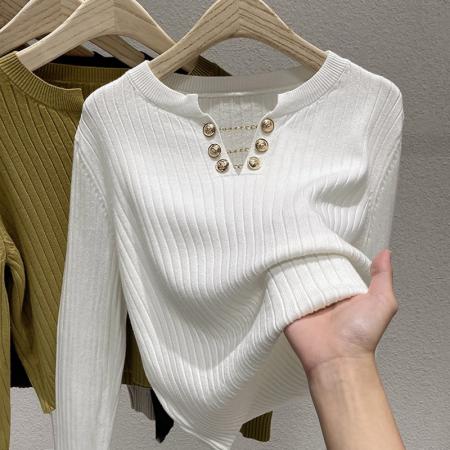 FA45211# 链条设计高级感V领针织衫女装秋冬新款长袖内搭显瘦毛衣上衣 服裝批發女裝批發服飾貨源