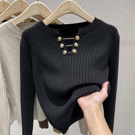 FA45211# 链条设计高级感V领针织衫女装秋冬新款长袖内搭显瘦毛衣上衣 服裝批發女裝批發服飾貨源