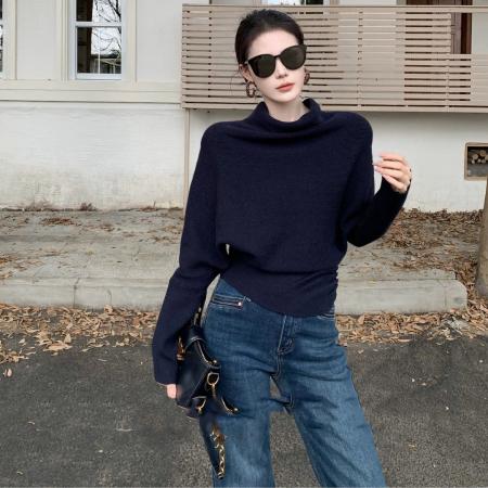 FA45213# 韩系慵懒风半高领蝙蝠袖套头针织衫女秋季温柔风小众内搭上衣 服裝批發女裝批發服飾貨源