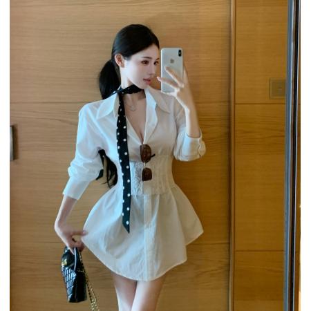 FA45216# 辣妹翻领单排扣长袖衬衫长款2件套+蕾丝绑带腰封有鱼骨 服裝批發女裝批發服飾貨源