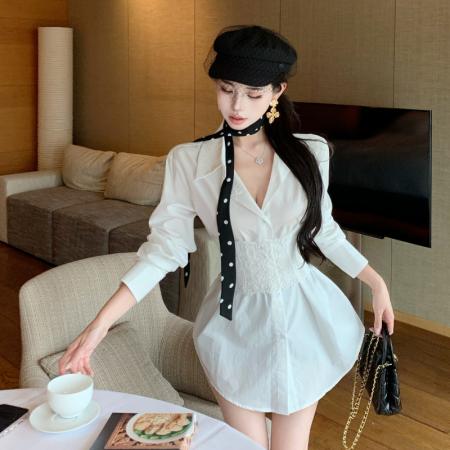 FA45216# 辣妹翻领单排扣长袖衬衫长款2件套+蕾丝绑带腰封有鱼骨 服裝批發女裝批發服飾貨源