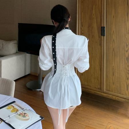 FA45216# 辣妹翻领单排扣长袖衬衫长款2件套+蕾丝绑带腰封有鱼骨 服裝批發女裝批發服飾貨源