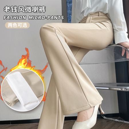 FA45219# 喇叭裤女冬加绒老钱卡其色高腰休闲西装裤修身显瘦弹力裤 服裝批發女裝批發服飾貨源