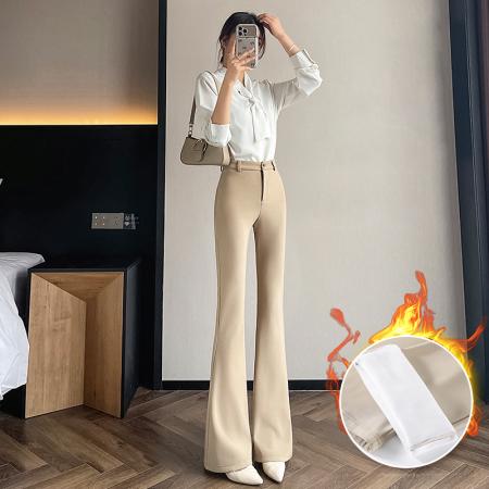 FA45219# 喇叭裤女冬加绒老钱卡其色高腰休闲西装裤修身显瘦弹力裤 服裝批發女裝批發服飾貨源