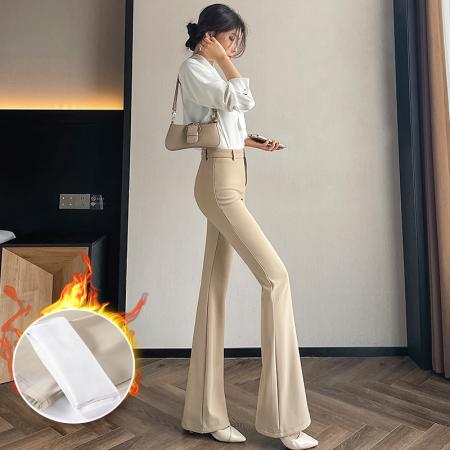 FA45219# 喇叭裤女冬加绒老钱卡其色高腰休闲西装裤修身显瘦弹力裤 服裝批發女裝批發服飾貨源