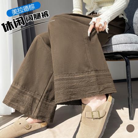 FA45220# 韩系女装秋季抽绳休闲裤咖色阔腿设计感宽松显瘦休闲长裤 服裝批發女裝批發服飾貨源