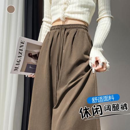 FA45220# 韩系女装秋季抽绳休闲裤咖色阔腿设计感宽松显瘦休闲长裤 服裝批發女裝批發服飾貨源