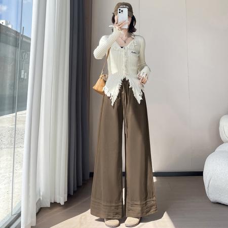 FA45220# 韩系女装秋季抽绳休闲裤咖色阔腿设计感宽松显瘦休闲长裤 服裝批發女裝批發服飾貨源