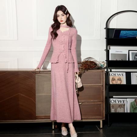 FA45224# 秋冬新款温柔优雅气质小女人长款显瘦针织两件套装裙 服裝批發女裝批發服飾貨源