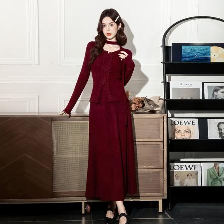 FA45224# 秋冬新款温柔优雅气质小女人长款显瘦针织两件套装裙 服裝批發女裝批發服飾貨源