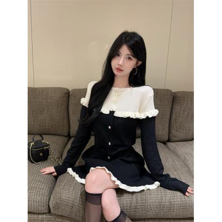 FA45225# 小香风温柔贵气撞色木耳边修身显瘦开衫A字半身裙两件套 服裝批發女裝批發服飾貨源