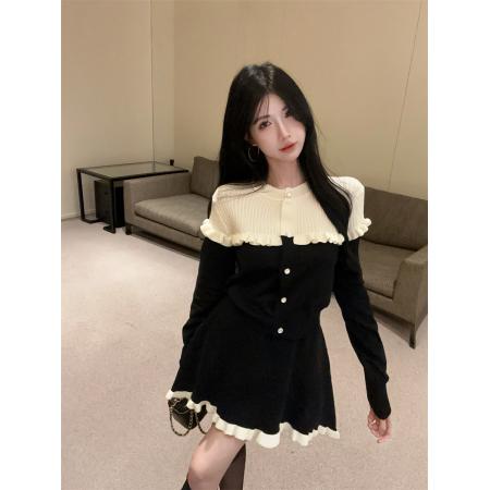 FA45225# 小香风温柔贵气撞色木耳边修身显瘦开衫A字半身裙两件套 服裝批發女裝批發服飾貨源