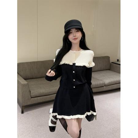 FA45225# 小香风温柔贵气撞色木耳边修身显瘦开衫A字半身裙两件套 服裝批發女裝批發服飾貨源