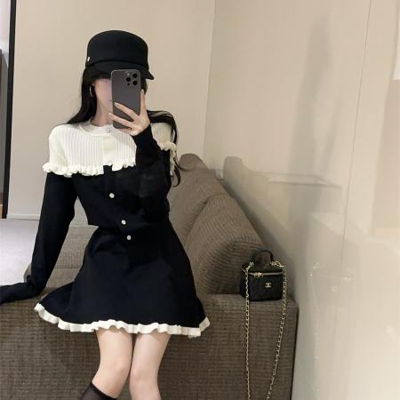 FA45225# 小香风温柔贵气撞色木耳边修身显瘦开衫A字半身裙两件套 服裝批發女裝批發服飾貨源