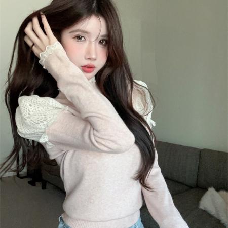 FA45227# 设计感蕾丝木耳边拼接半高领羊绒显瘦打底针织衫毛衣 服裝批發女裝批發服飾貨源