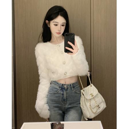 FA45228# 温柔慵懒风气质毛绒绒格子压假口袋短款马海毛针织开衫 服裝批發女裝批發服飾貨源