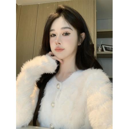 FA45228# 温柔慵懒风气质毛绒绒格子压假口袋短款马海毛针织开衫 服裝批發女裝批發服飾貨源