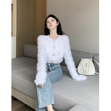 FA45228# 温柔慵懒风气质毛绒绒格子压假口袋短款马海毛针织开衫 服裝批發女裝批發服飾貨源