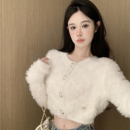 FA45228# 温柔慵懒风气质毛绒绒格子压假口袋短款马海毛针织开衫 服裝批發女裝批發服飾貨源