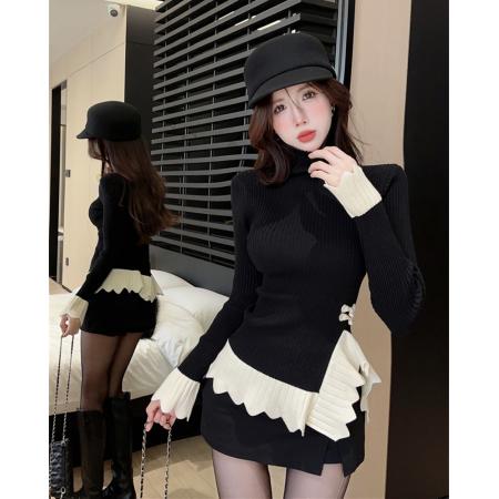 FA45229# 设计感复古盘扣高领不规则撞色荷叶边百搭针织打底毛衣 服裝批發女裝批發服飾貨源