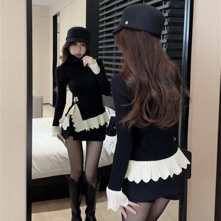 FA45229# 设计感复古盘扣高领不规则撞色荷叶边百搭针织打底毛衣 服裝批發女裝批發服飾貨源