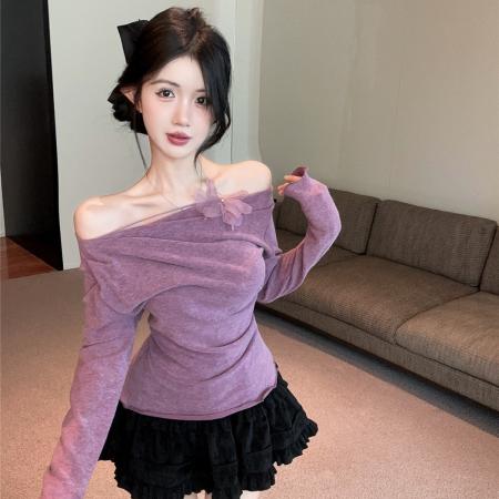 FA45230# 纯欲斜露肩褶皱针织衫设计感荡领长袖打底上衣 服裝批發女裝批發服飾貨源