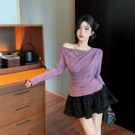 FA45230# 纯欲斜露肩褶皱针织衫设计感荡领长袖打底上衣 服裝批發女裝批發服飾貨源