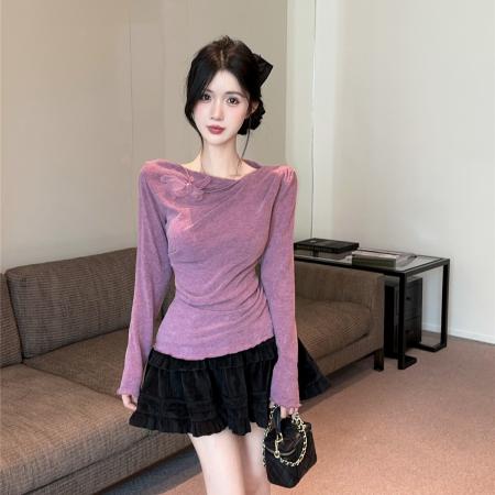 FA45230# 纯欲斜露肩褶皱针织衫设计感荡领长袖打底上衣 服裝批發女裝批發服飾貨源